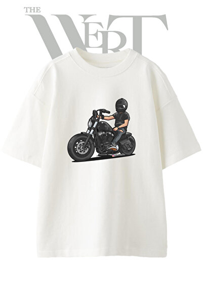 THEWERT Biker Drawing Design Printed Unisex White Oversize T-Shirt
