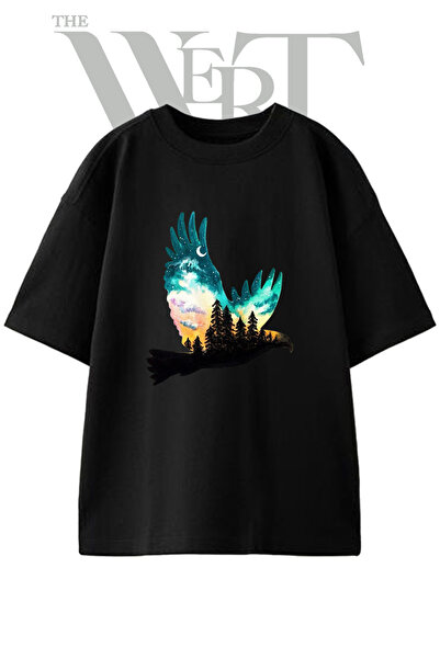 THEWERT Eagle Forest Design Printed Unisex Black Oversize T-Shirt