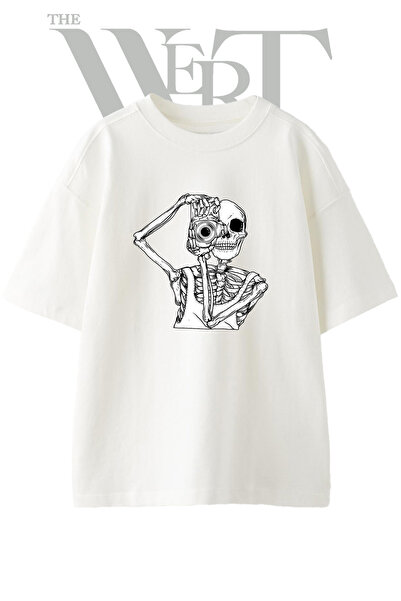 THEWERT Tricou oversize alb unisex cu imprimeu cu design Skeleton Camera