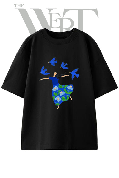 THEWERT Women's Kuslar Cicekli Design Printed Unisex Black Oversize T-Shirt