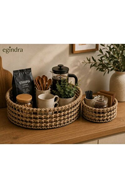 Egindra منظم زاوية القهوة المصنوع من الخوص، سلة من الخوص، مجموعة من قطعتين