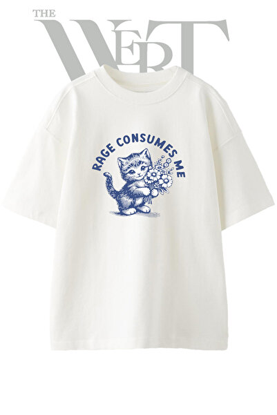 THEWERT Kitten Flowers Design Printed Unisex White Oversize T-Shirt