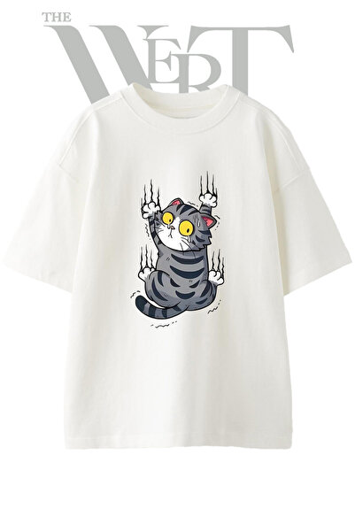 THEWERT Tricou oversize alb unisex cu imprimeu Scratching Cat Design