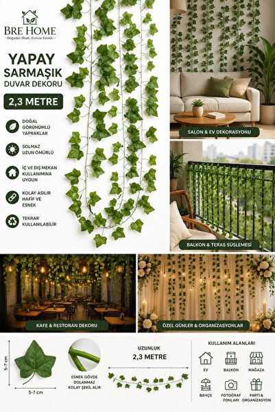 BRE HOME Yapay Sarmaşık 2,3 Metre Dekoratif Duvar Sarmaşığı Yapay Asma Yaprak...