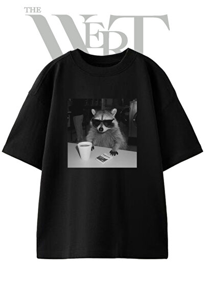 THEWERT Raccoon Sunglasses Design Printed Unisex Black Oversize T-Shirt