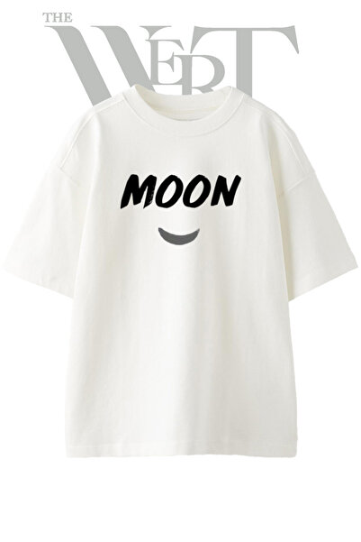 THEWERT Moon Crescent Design Printed Unisex White Oversize T-Shirt