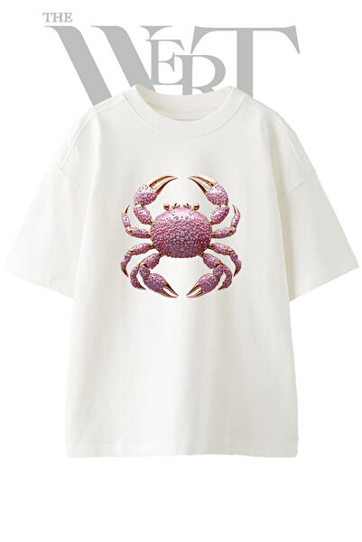 THEWERT Diamond Crab Design Printed Unisex White Oversize T-Shirt