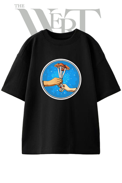 THEWERT Mushroom Hand Design Printed Unisex Black Oversize T-Shirt