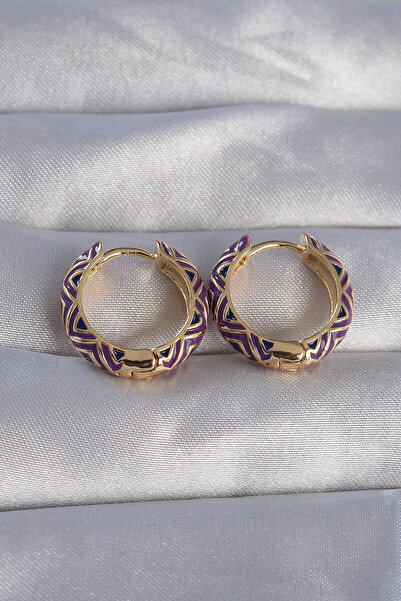 Mega Bazaar Brass Gold Color Purple Ethnic Patterned Hoop Earrings