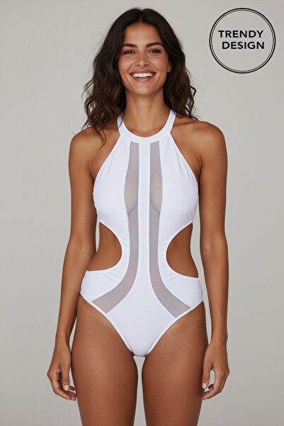 Trendy Design Costum de Baie Întreg Monokini Decupat cu Inserții din Plasă Tr...