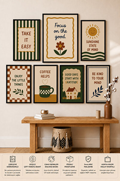 UNT 7'li Çerçeve Görünümlü Motivasyon Temalı | Retro Minimalist | Boho Salon,...