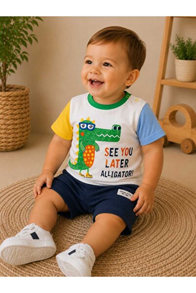 krm kerem bebe 100% Cotton Pocketed Dinosaur Printed Double Baby Set with Sna...