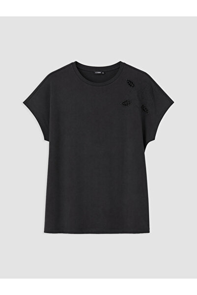 LC Waikiki Black Plus Size 100% Cotton Embroidered Women's T-Shirt