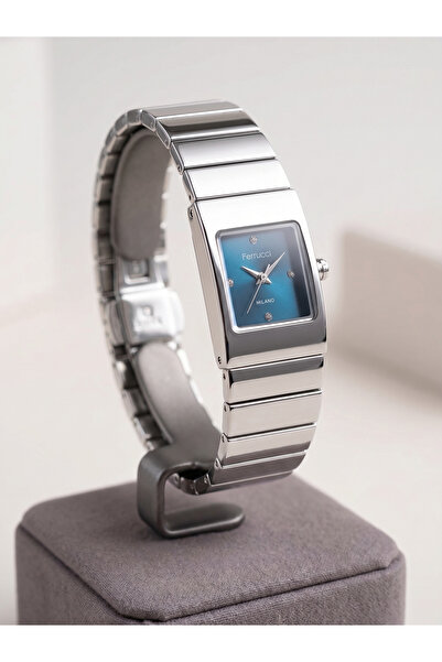 Ferrucci Milano 22 mm Küçük Kasa Taşlı Mavi Kadran Geniş Kordon Kadın Saati