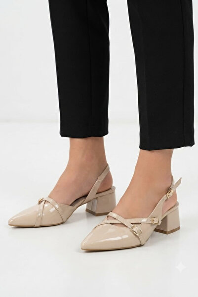 mihra home Miles Women's Beige Patent Leather Double Buckle 4 cm Heeled Class...