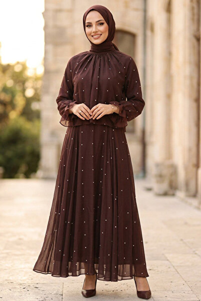 Neva Style Pearl Detailed Ruffled Dark Brown Hijab Set 53383Kkh