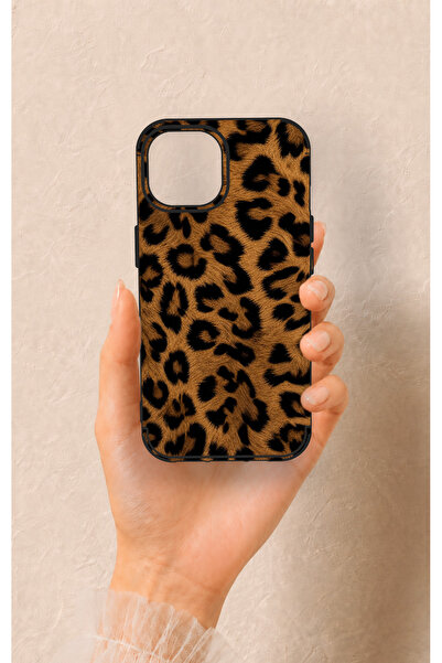 Vip Case iPhone 15 Uyumlu Koyu Leopar Deri Desenli Silikon Kılıf