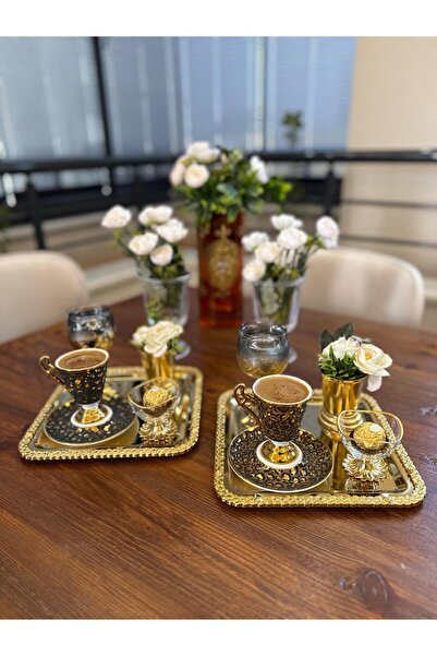 atabey home collection 6 ADET SUNUM TEPSİSİ KARE HASIR FULL GOLD TEPSİ 22 CM