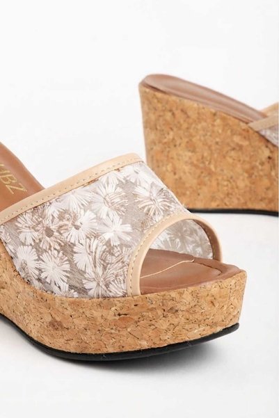 HBZ Women's Slippers Beige Shoes Padded Sole Mesh Embroidery Embroidered Cork Coated Sole