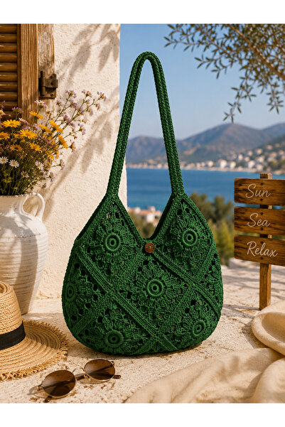 Verda Desing Hand Knitted Motif Straw Green Color Bag - Natural Paper Rope De...