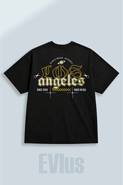 EVIus Tricou negru supradimensionat, cu imprimeu Los Angeles, 100% bumbac, cu...