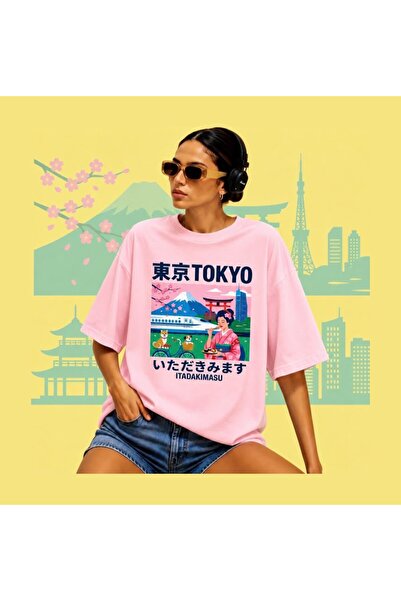 classy moda Μπλουζάκι Unisex Oversize με στάμπα ροζ λουλουδιών και πεταλούδων...