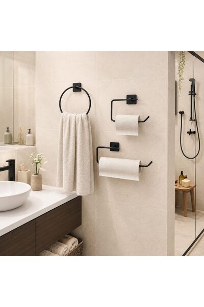 Yıldızan Meala Kozmetik Store 3-Piece Black Bathroom Set, Adhesive and Screw-Mounted Towel Holder, Toilet Paper Holder