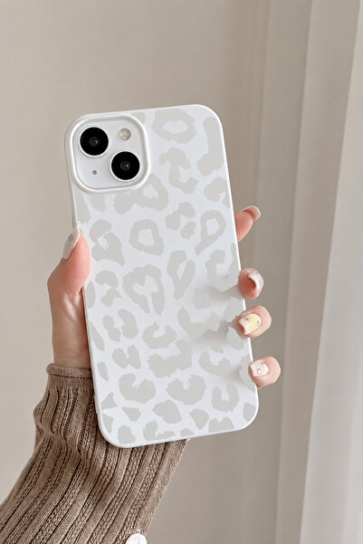 OVADA İPhone 13/14/15 Uyumlu Beyaz Leopar Desenli Silikon Telefon Kılıfı