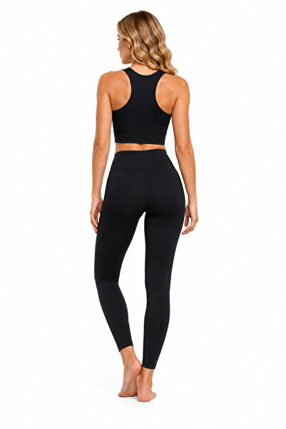 MEYASU Women's 3-Piece Sports Leggings Set Diving Fabric High Waist Gathering Crop Tank Top - Long Leggings - Shorts Leggings Black