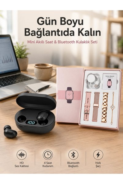 Epilons Nabız Ölçer Hediye Bileklikli Akıllı Saat Ve Dijital Göstergeli Bluetooth Kulaklık Çoklu Şarj Girişi