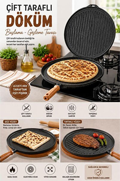 Tercih Home 34 cm Cast Granite Pancake Griddle Pan Double Sided Cast Iron Pan...