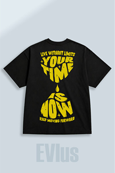 EVIus Tricou negru oversize, cu imprimeu Time, 100% bumbac, cu decolteu rotun...