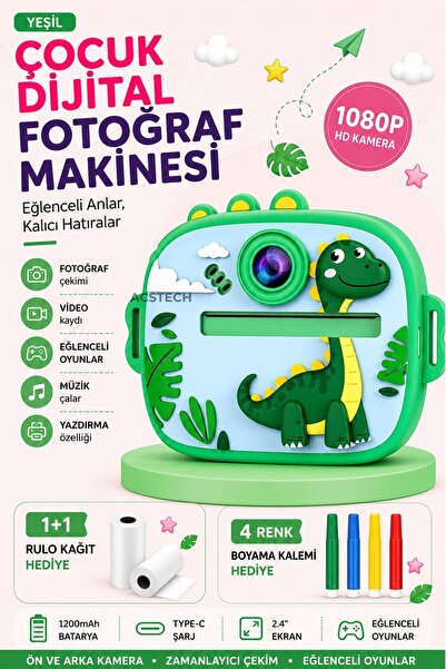 ACSTECH Fotoğraf Çıkaran Çocuk Dijital Fotoğraf Makinesi | Dinazor Tasarımlı ...
