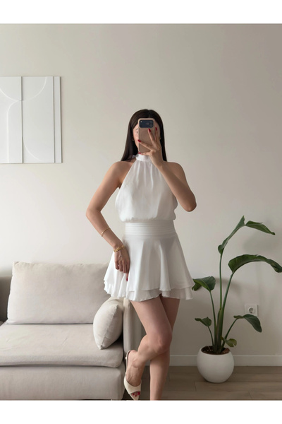 Zoom Butik Volanlı Halter Yaka Mini Elbise - BEYAZ