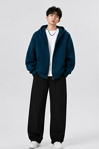 Boi Patternless Sweatshirt Zippered Cardigan - Black Oversize Pocket Winter H...