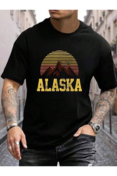 4Car 100% Cotton Vintage Alaska Hiking Souvenirs Men's Black Vacation Crew Ne...