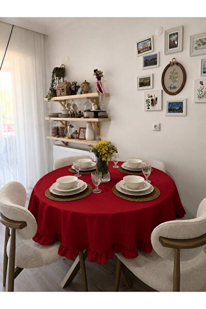 Şık Fırfırlı Yuvarlak Masa Örtüsü 150 cm Çap Duck Keten Salon ve Mutfak ( etuval duc keten )