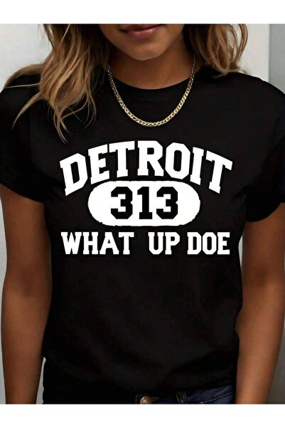 NOURAM قميص نسائي أبيض مع طباعة ديترويت 313 "What Up Doe"، ياقة دائرية كاجوال...