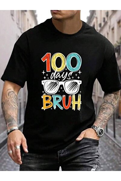 NOURAM تي شيرت رجالي أسود 100% قطن بطبعة 100 Days Bruh Funny للذكرى المئوية ل...