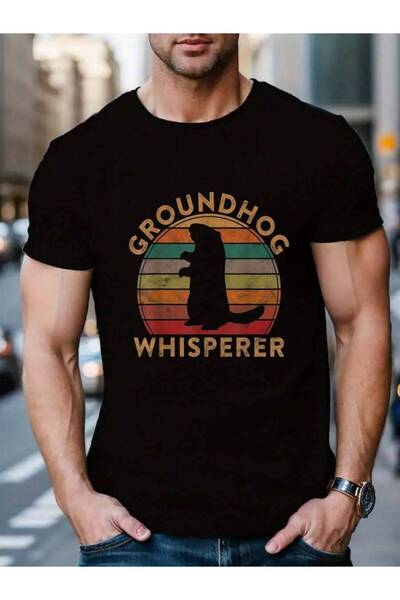 9TAY تي شيرت رجالي أسود 100% قطن بتصميم عتيق لشخصية Groundhog Whisperer Silho...