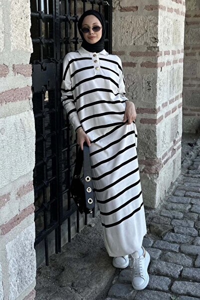 müqofficial Striped Polo Neck Knitwear Dress - Ecru