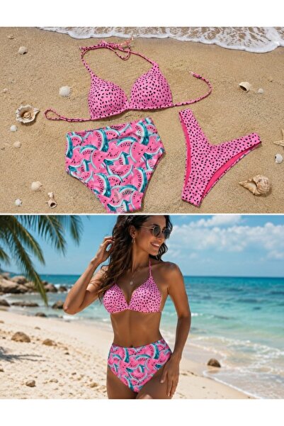 Nobrand Women's 3-Piece Pink Swimsuit – Push-Up Triangle Bra, High Waist Brie...