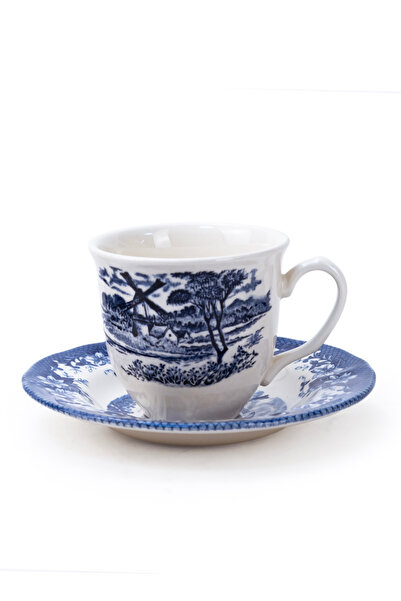 Claytan Earthenware Classic Blue Windmill Countryside Landscape Tea Cup & Sau...