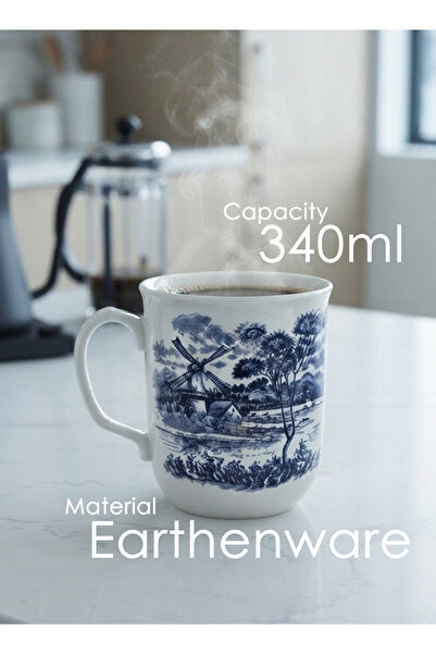 Claytan Earthenware Classic Blue Windmill Pattern Mug, 340ml, White (Set of 6)