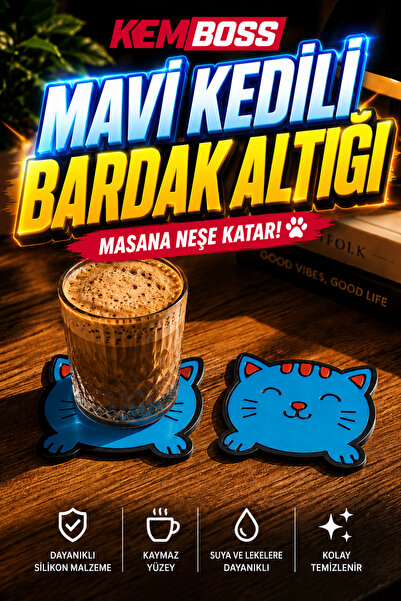 KEMBOSS Blue Cat Coaster Set of 2 - Pvc Non-Slip Coaster Coffee Mug Tea Cup C...