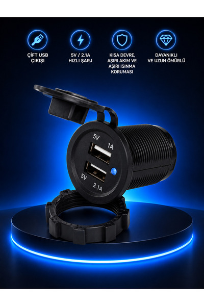Space 12V-24V Çift USB Araç Şarj Soketi 5V 2.1A Hızlı Şarj Su Geçirmez Motosi...