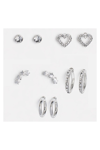 JEWELS Set cercei damă, model stras, argintiu, 5 perechi – strălucire discret...
