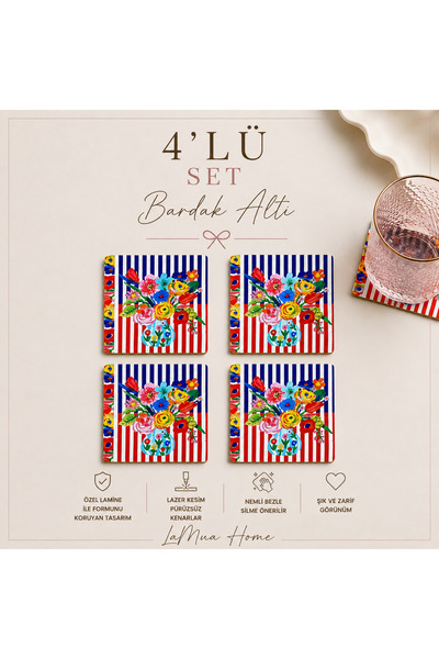 LAMUA HOME Viva Çizgili Çiçek Desenli 4 Lü Bardak Altlığı Set 15 x 15 cm -Laz...