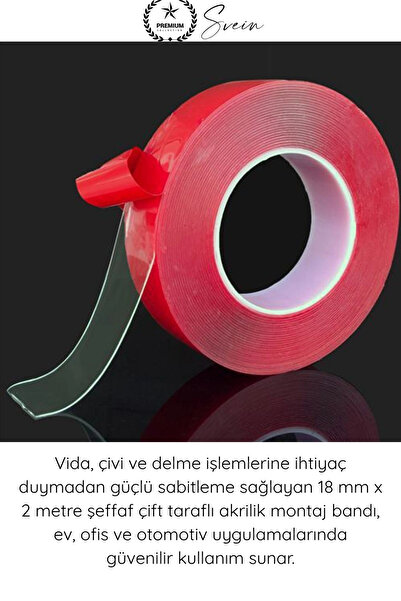 Svein #ÇiftTaraflıBant Şeffaf Çift Taraflı Akrilik Montaj Bandı 18mm x 2 Metre Güçlü Yapışkan İz Bırakmayan Silikonize Nano Sabitleme Bandı Cam Duvar Ayna Otomotiv Çıta Logo Askılık Pano Ev Ofis Kullanımı