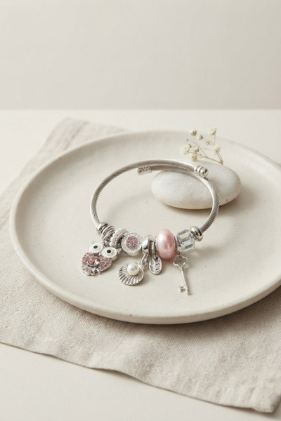 Lisinya Silver Color Bracelet with Pink Owl Charm -